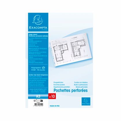 Папка карман А3, стандарт, 100 мк, 10 шт. "Exacompta" с гориз. перфор. (по узкой стор.)