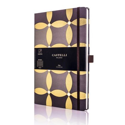Блокнот А5 130*210 мм., 120 л., тонир., лин. "Oro Circles" обл. искусств. матер., на резинке, коричневый/золотистый
