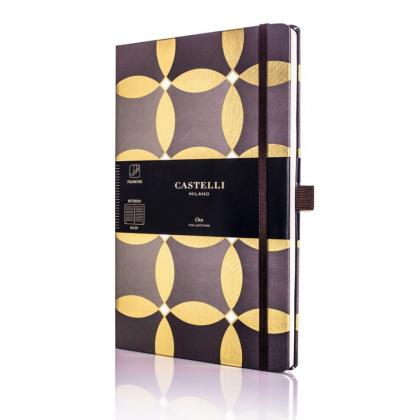Блокнот А5 130*210 мм., 120 л., тонир., лин. "Oro Circles" обл. искусств. матер., на резинке, коричневый/золотистый