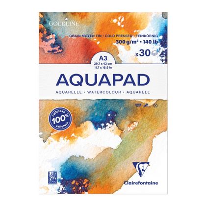 Блок-склейка бумаги для акварели "Goldline Aqua" целлюлоза, ср.зерно, А3, 300г/м2 , 30л