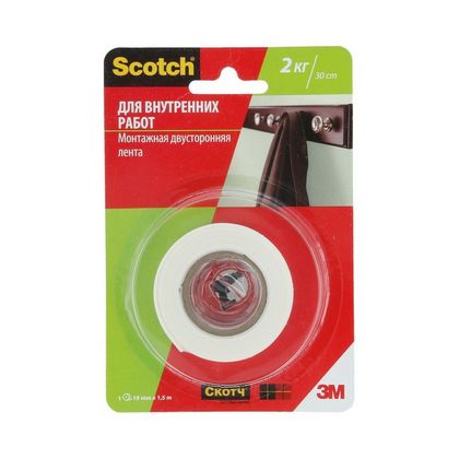 Клейк. лента двусторонняя 19 мм*1,5 м "3М Scotch" монтажная, д/внутр. работ