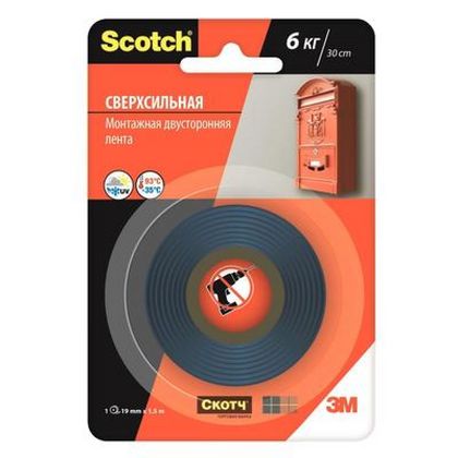 Клейк. лента двусторонняя 19 мм*1,5 м "3М Scotch" монтажная, сверхпрочная