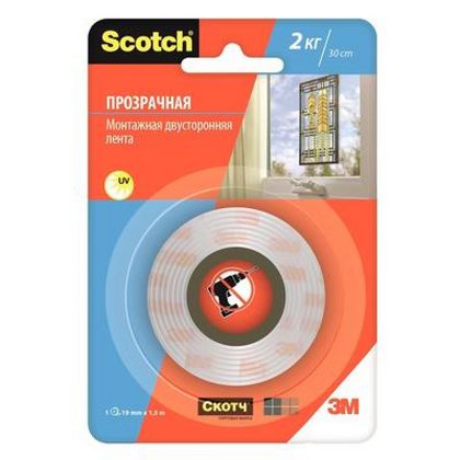 Клейк. лента двусторонняя 19 мм*1,5 м "3М Scotch" монтажная, прозрачная