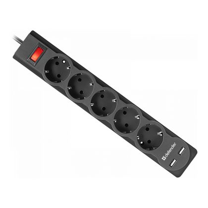 Сетевой фильтр 1,8м Defender DFS 751 <5 розеток + 2xUSB> черный