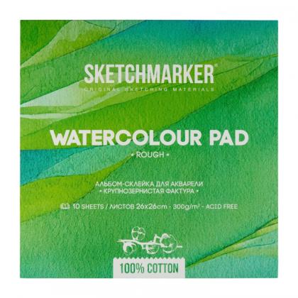 Блок бумаги для акварели "Sketchmarker" 100% хлопок, 26*26 см, 300 г/м2, 10 л., крупнозернистая