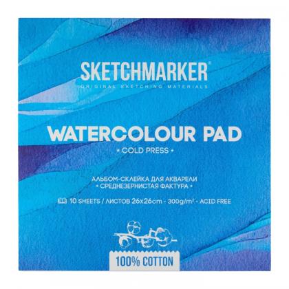 Блок бумаги для акварели "Sketchmarker" 100% хлопок, 26*26 см, 300 г/м2, 10 л., среднезернистая