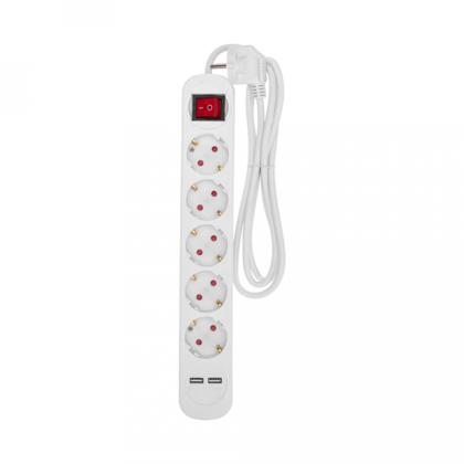 Удлинитель "Standard" 1.5 м., 5 розеток, 2 USB, 16А, с выкл.,с заземлен., белый