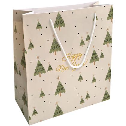 Пакет бумажный подарочный 32*32*12 см "Елки" молочный