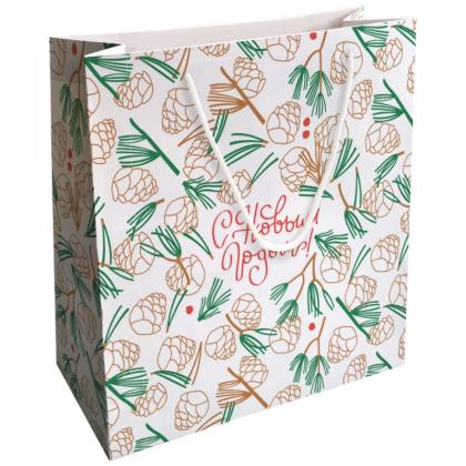 Пакет бумажный подарочный 32*32*12 см "Holidays. Шишки" белый