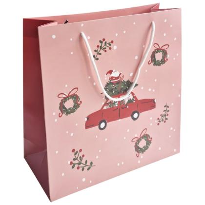 Пакет бумажный подарочный 32*32*12 см "Санта на Машине" красный