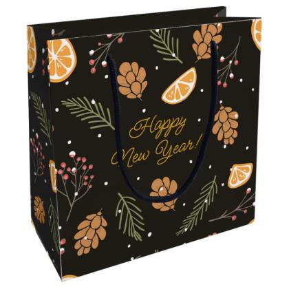 Пакет бумажный подарочный 20*20*8 см "Spruce. Шишки" черный