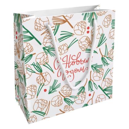 Пакет бумажный подарочный 20*20*8 см "Holidays. Шишки" белый