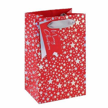 Пакет бумажный подарочный 12,7*9*35,5 см "Xmas Silver stars" д/бутылки