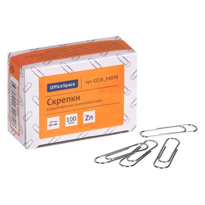Скрепки 28 мм "OfficeSpace" оцинк., 100 шт., овал., серебристый