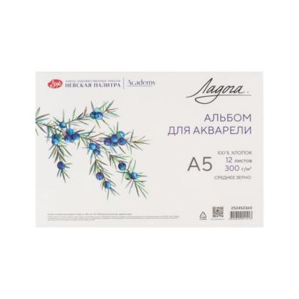 Альбом д/рисования акварелью A5 12 л. "Ладога" на склейке, 100% хлопок, 300 г/м2, среднее зерно