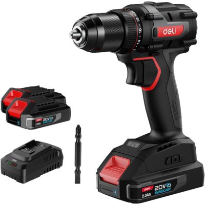 Дрель-шуруповерт "Deli DZ20-2D2" аккум., 20 В, 2 акк., 2,0 А/ч Li-lon, 70 Нм, коробка, черный