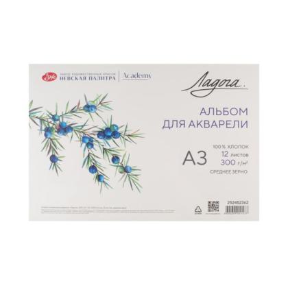 Альбом д/рисования акварелью A3 12 л. "Ладога" на склейке, 100% хлопок, 300 г/м2, среднее зерно